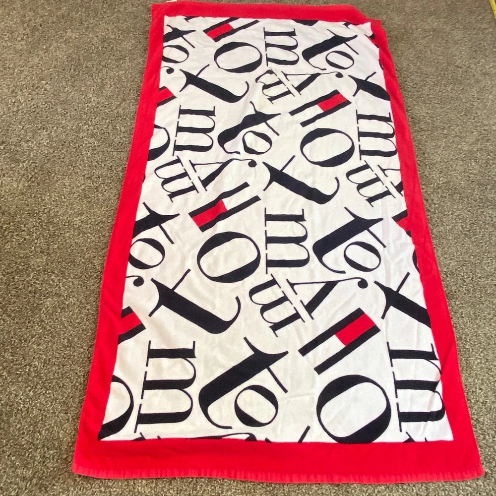Y2K Tommy Hilfiger Beach Towel White Red‎ Navy Blue Logo Print 100% Cotton